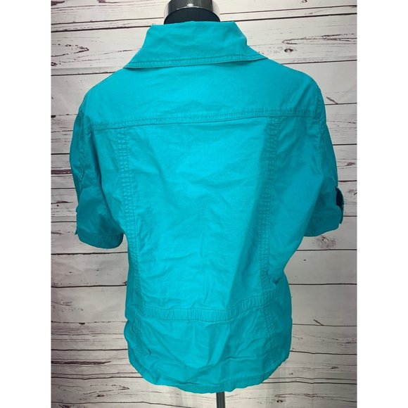 CHICO'S Light Jacket 3 L/XL Turquoise short sleeve Button Up Camp shirt Cover Up - Picture 3 of 10